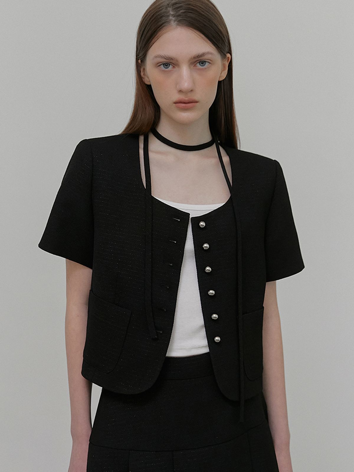 에트몽(ETMON) Button Strap Tweed Jacket Black