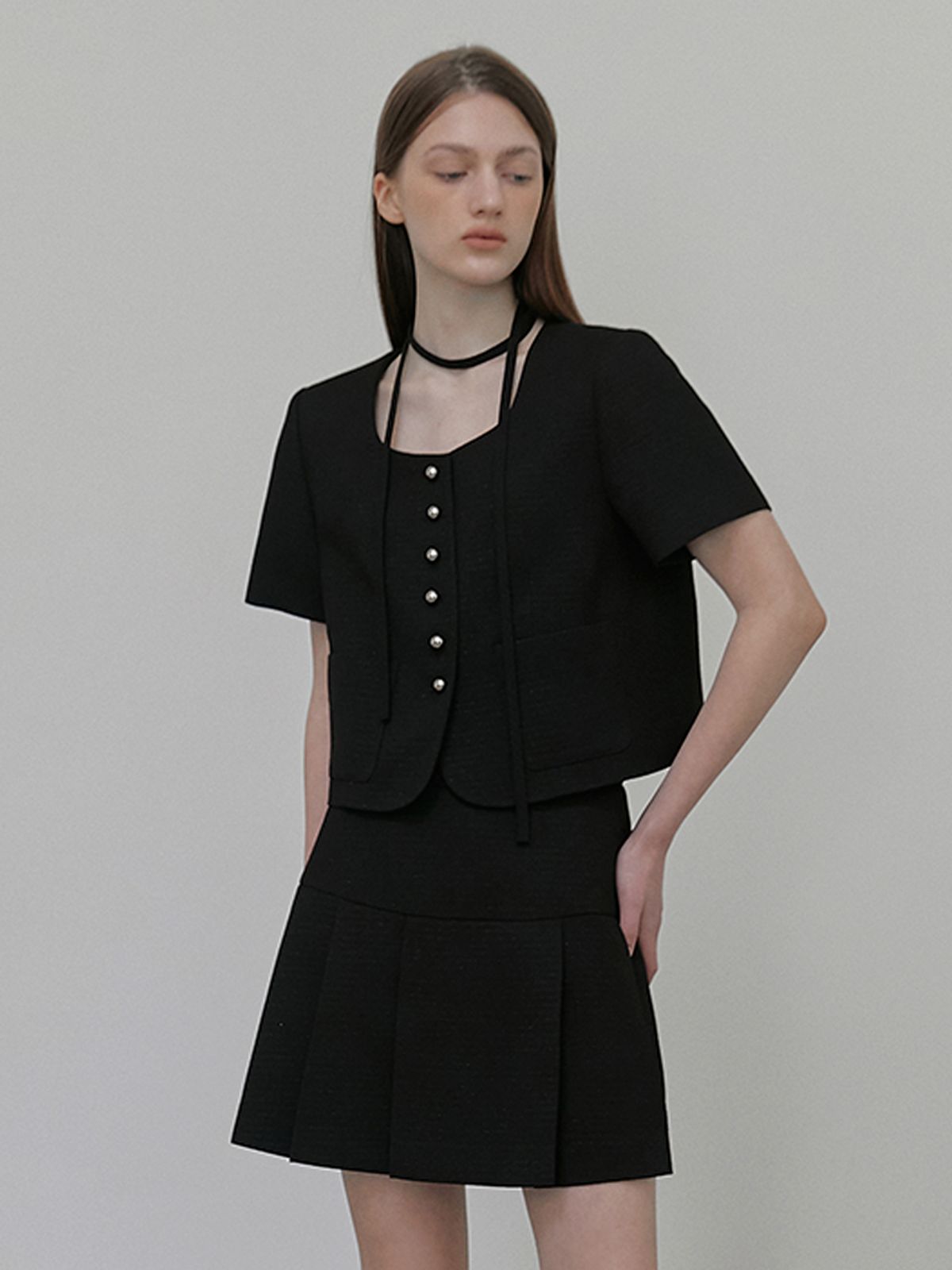 에트몽(ETMON) Button Strap Tweed Jacket Black