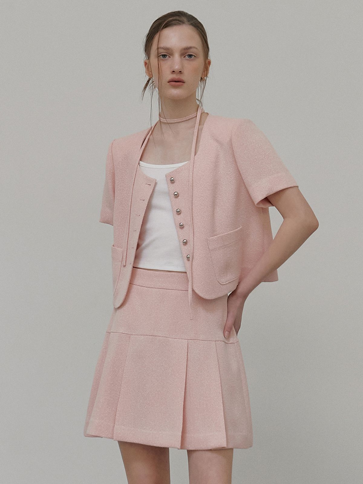 에트몽(ETMON) Button Strap Tweed Jacket Pink