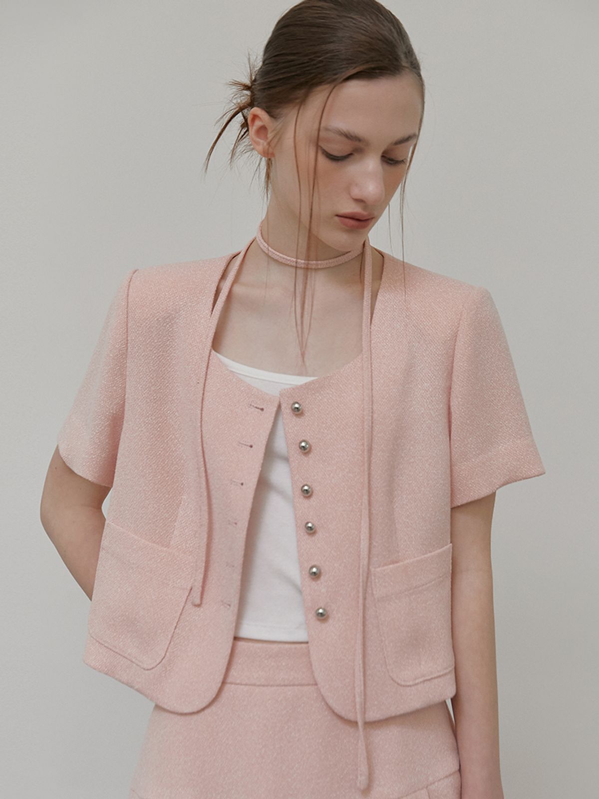 에트몽(ETMON) Button Strap Tweed Jacket Pink