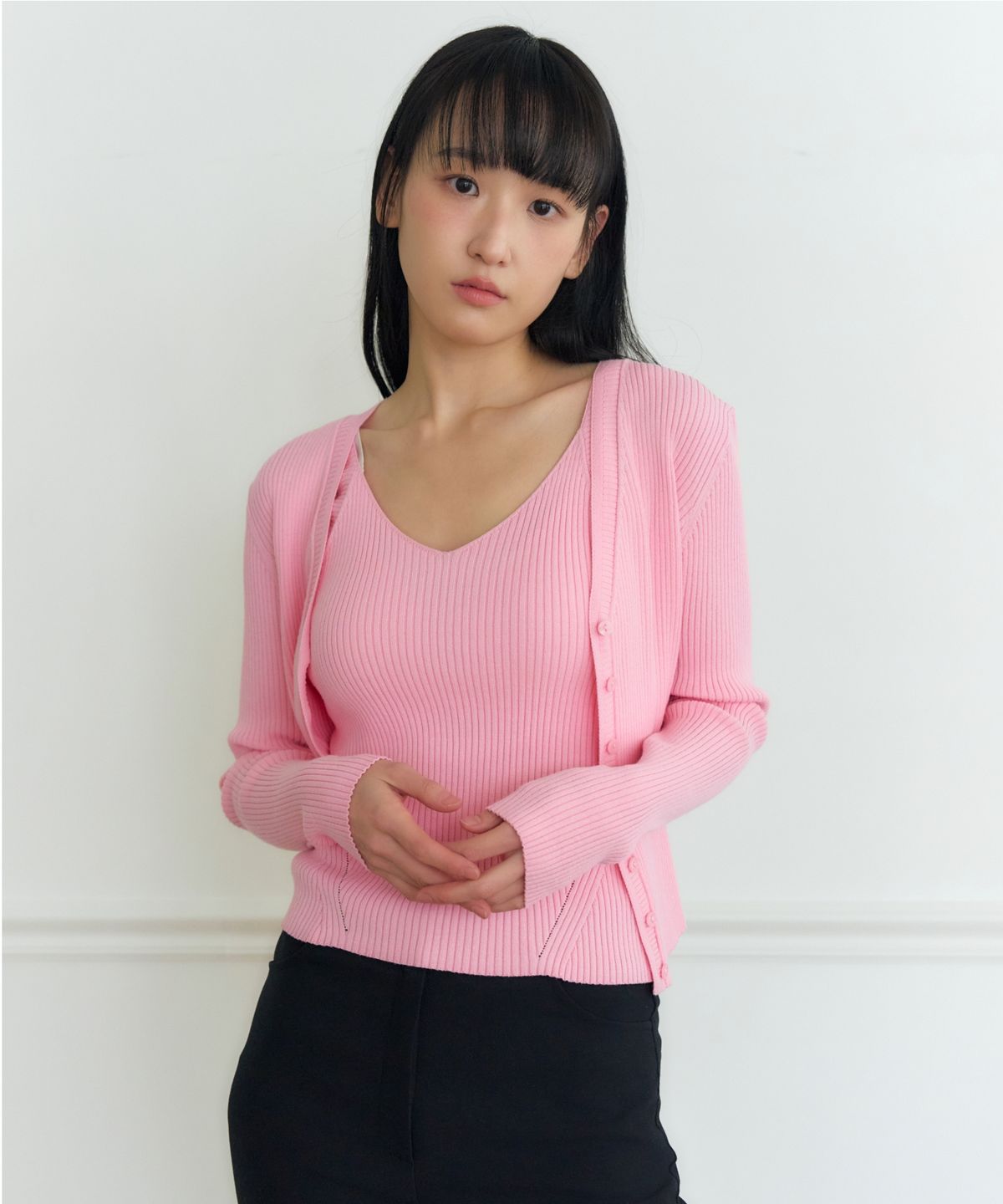 니주르(KNIZURE) 립브 앙상블 브이넥 가디건 SET_3COLOR