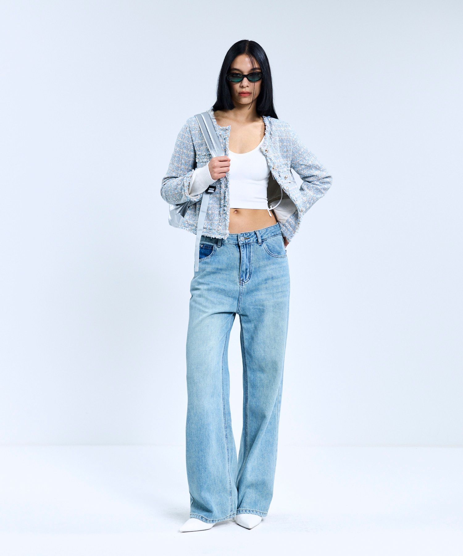 VIVABROWN ■ 85-VIVAJ048 Multi-Color Cropped Tweed Jacket 85-VIVAJ048 Multi-Color Crop Tweed Jacket Sky Blue