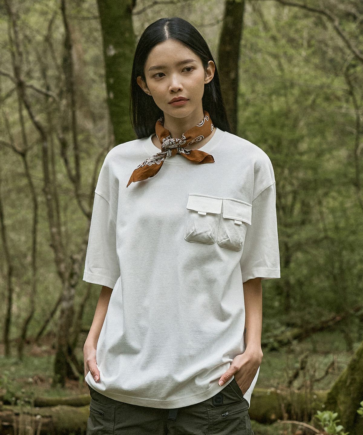 캠프사이드(CAMPSIDE) 헤비웨이트 더블 포켓 반팔티셔츠 화이트 CST113