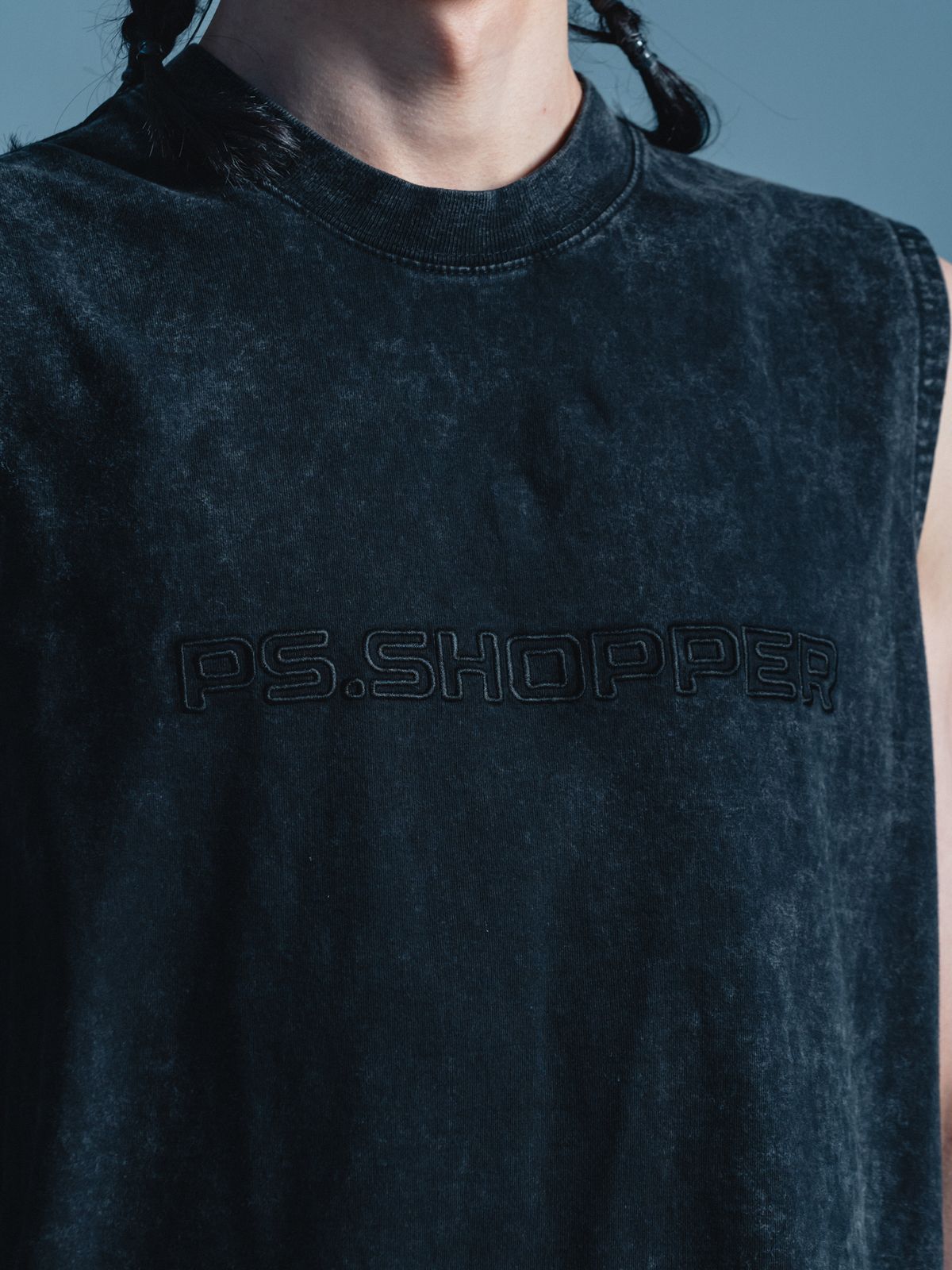 피에스쇼퍼(PSSHOPPER) 스톤워싱 고밀도 슬리브리스 [블랙]