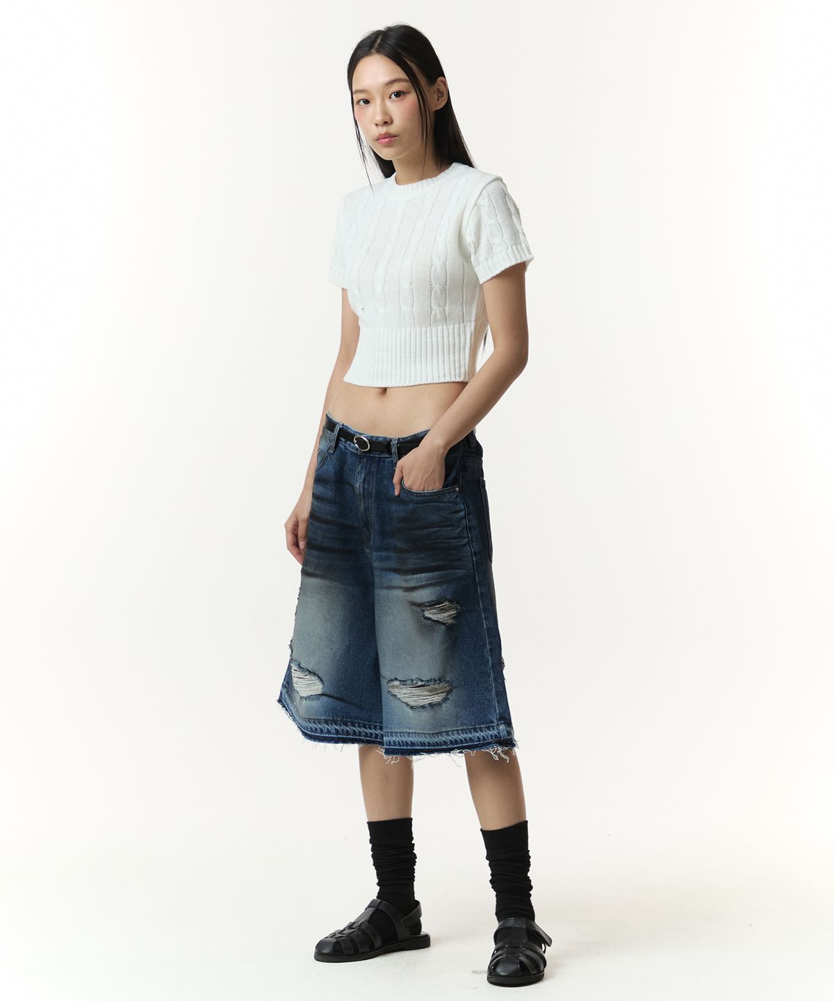 로우랩(RAW LAB) 오일워싱 디스트로이드 데님 하프팬츠 (블루)