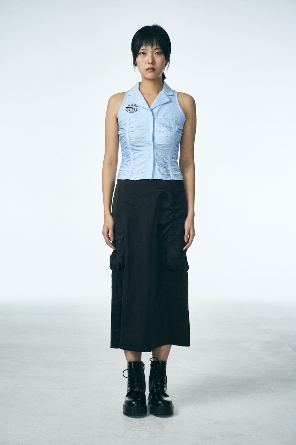 페노메논시퍼(PHENOMENON SEEPER) 333 SHIRRING SLEEVELESS SHIRT_BLUE