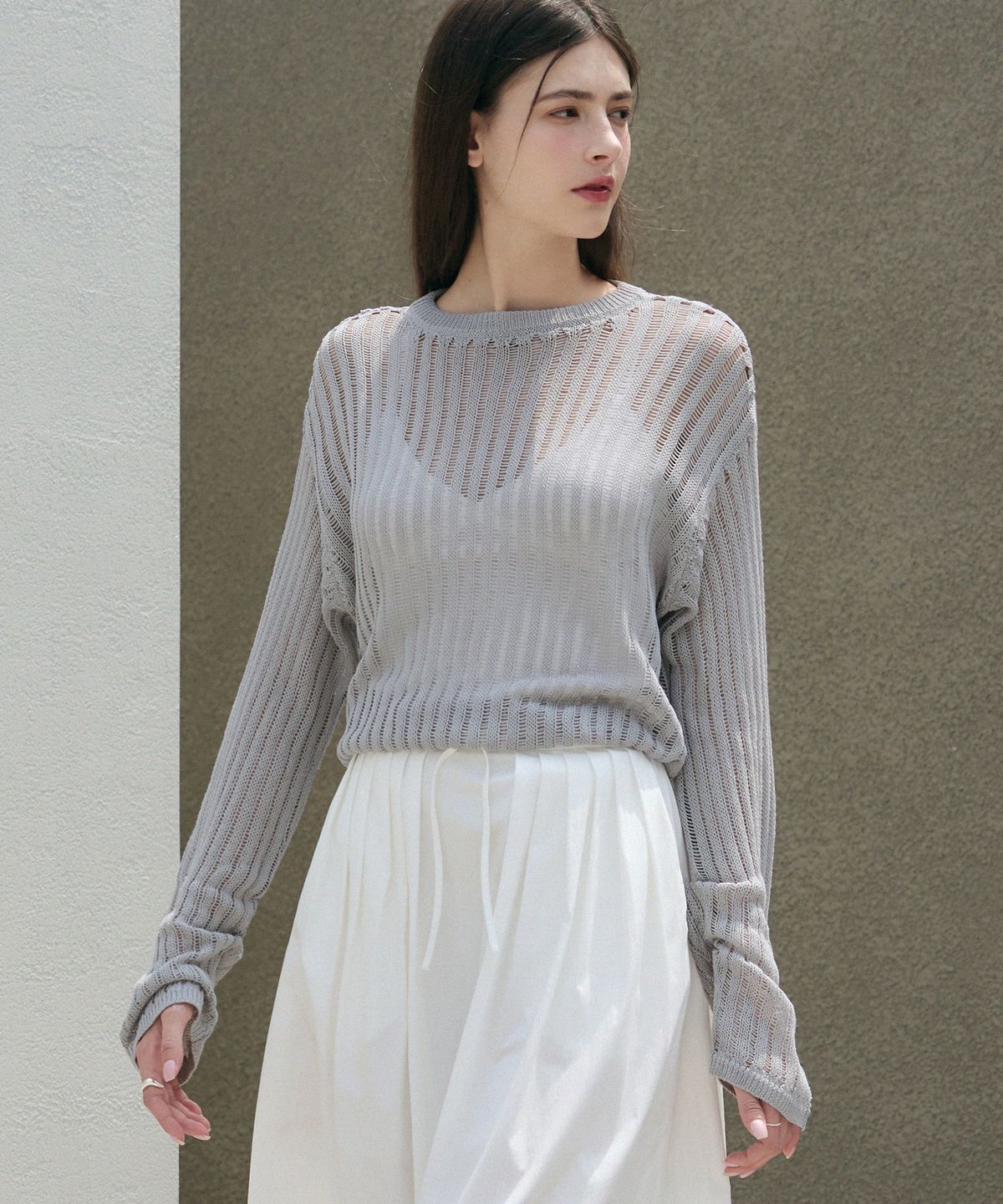드로우핏 우먼(DRAWFIT WOMEN) 린넨 시어 루즈핏 니트 [WHITE]