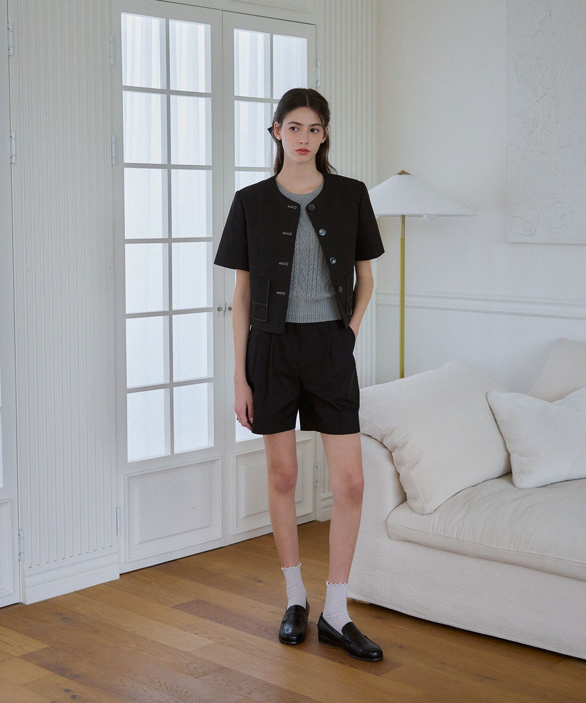 드로우핏 우먼(DRAWFIT WOMEN) 컬러 스티치 코튼 반팔 자켓 [BLACK]