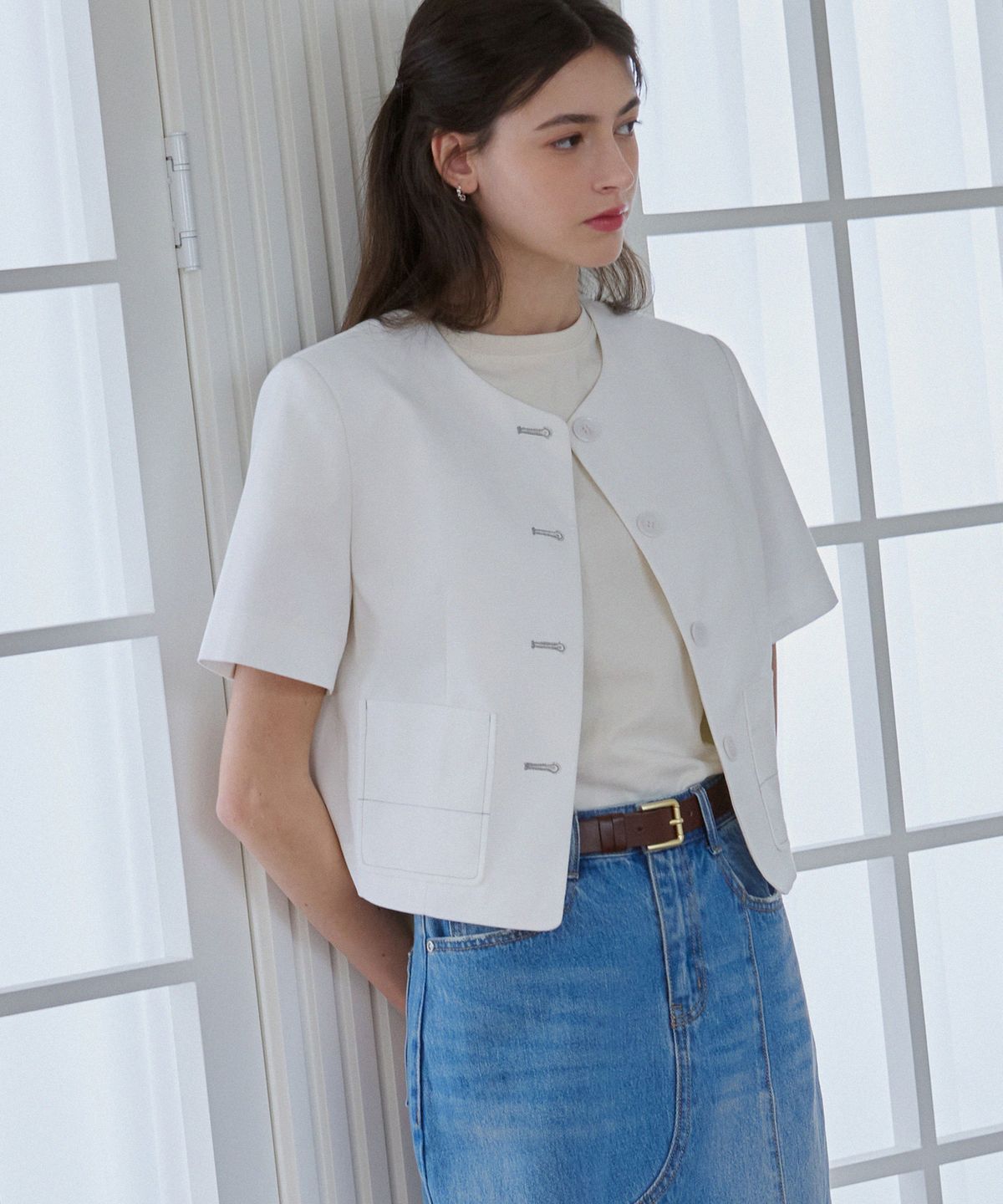 드로우핏 우먼(DRAWFIT WOMEN) 컬러 스티치 코튼 반팔 자켓 [BLACK]