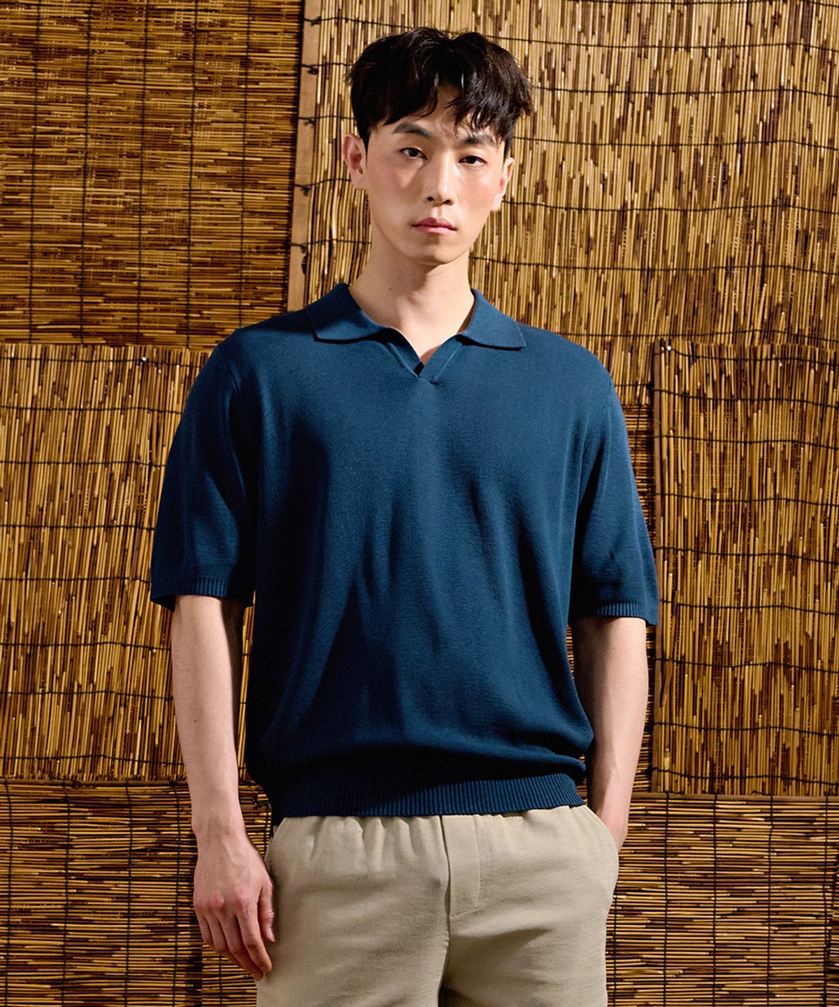 체이스컬트(CHASECULT) 남성 쿨터치 오픈 카라넥 반팔 스웨터-DBRK5611D0G