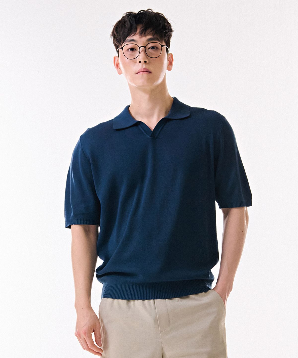 체이스컬트(CHASECULT) 남성 쿨터치 오픈 카라넥 반팔 스웨터-DBRK5611D0G
