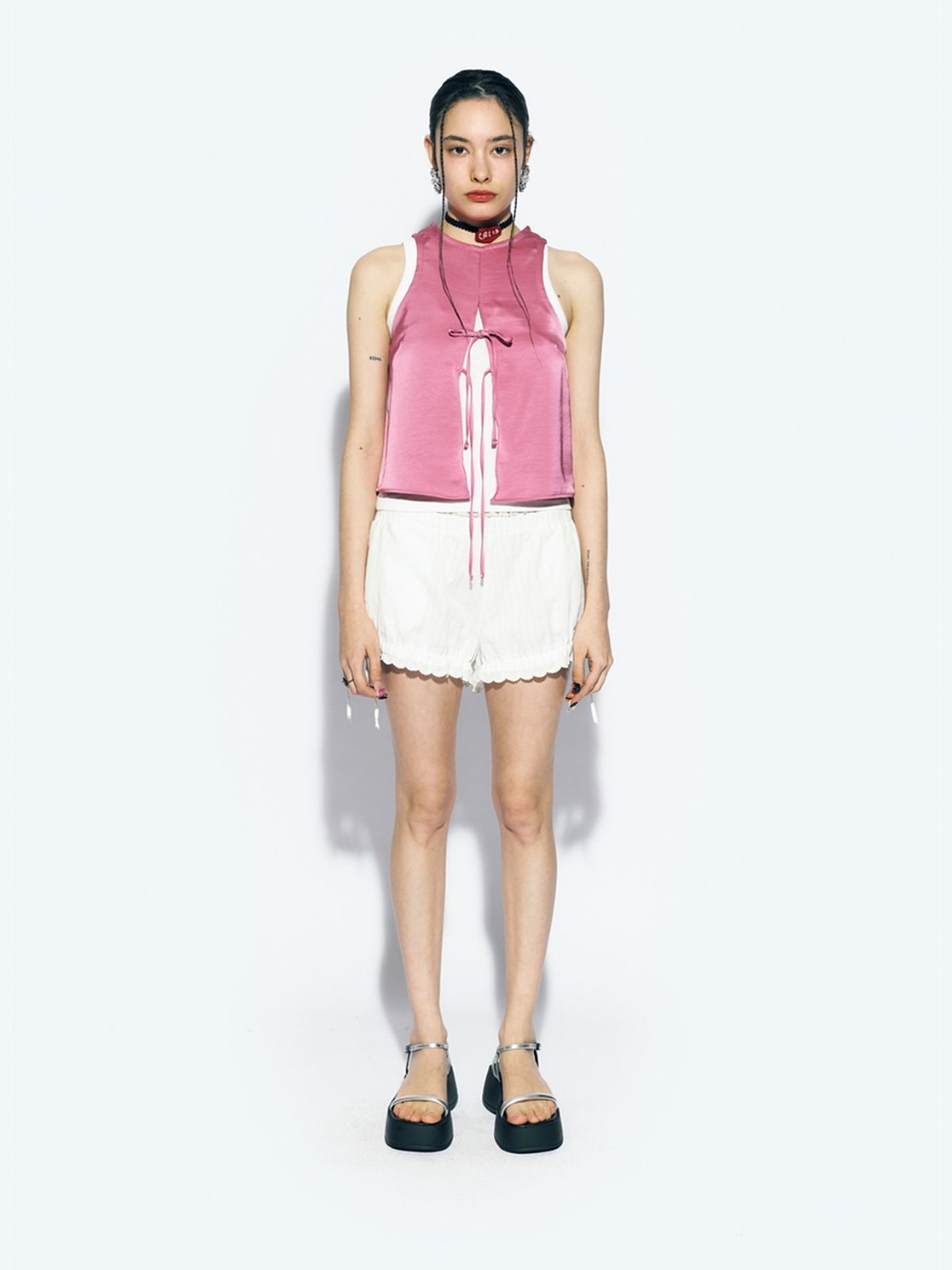 에즈이프 캘리(ASIF CALIE) RIBBON OPEN SLEEVELESS BLOUSE PINK