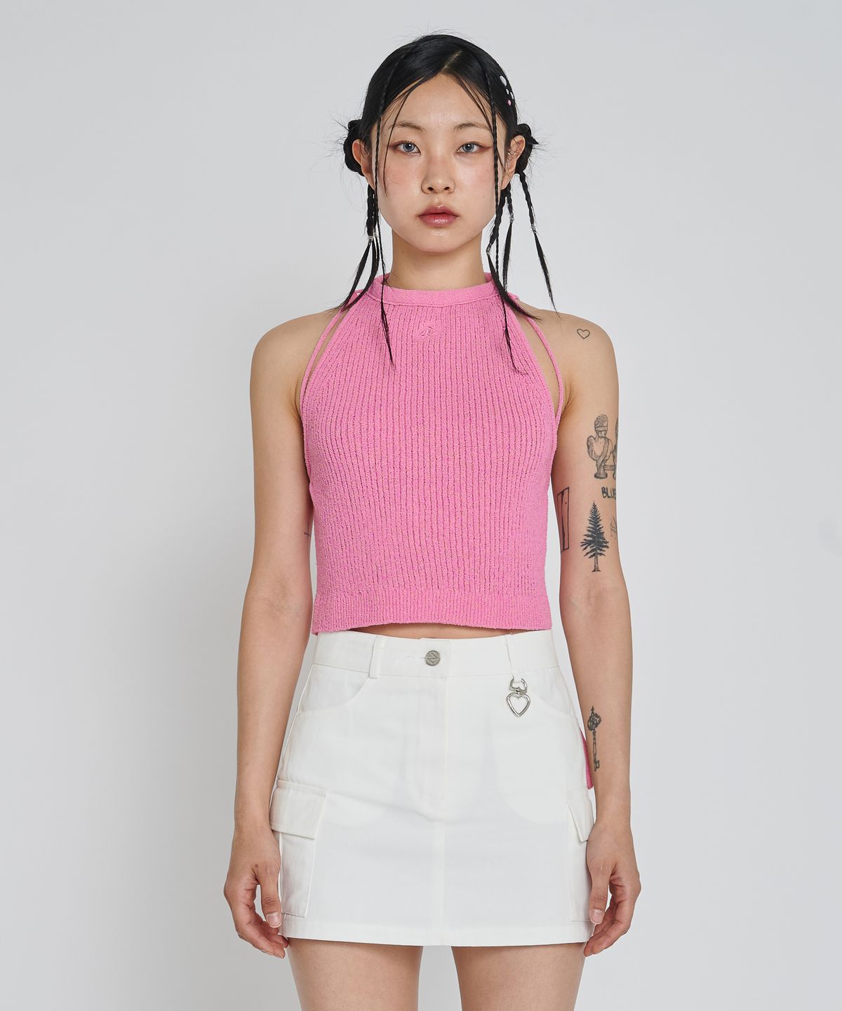 언유주얼 노말(UNUSUALNORMAL) BOOKLE HALTER KNIT TOP_PINK