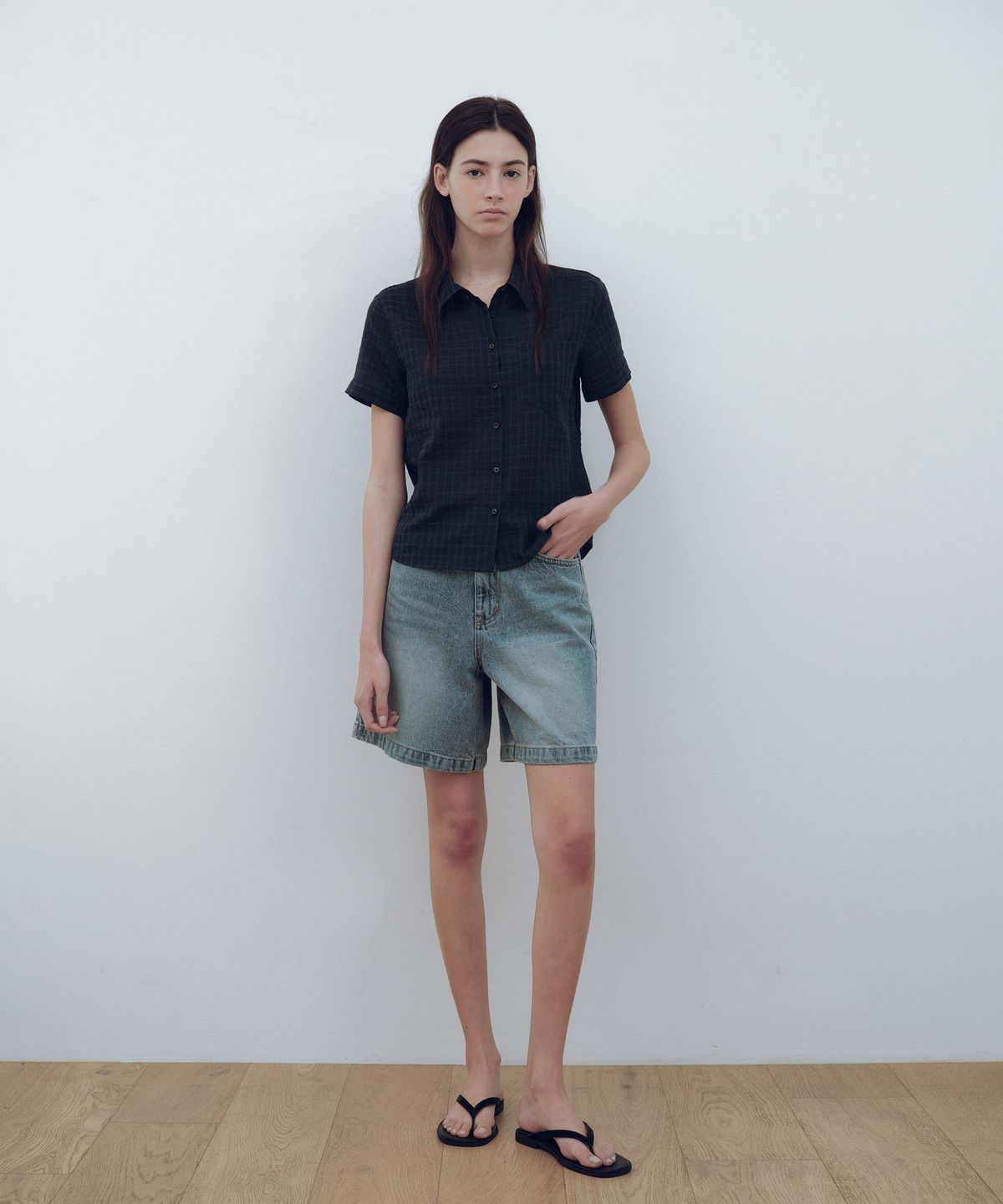유라고(URAGO) Sheer check half shirt