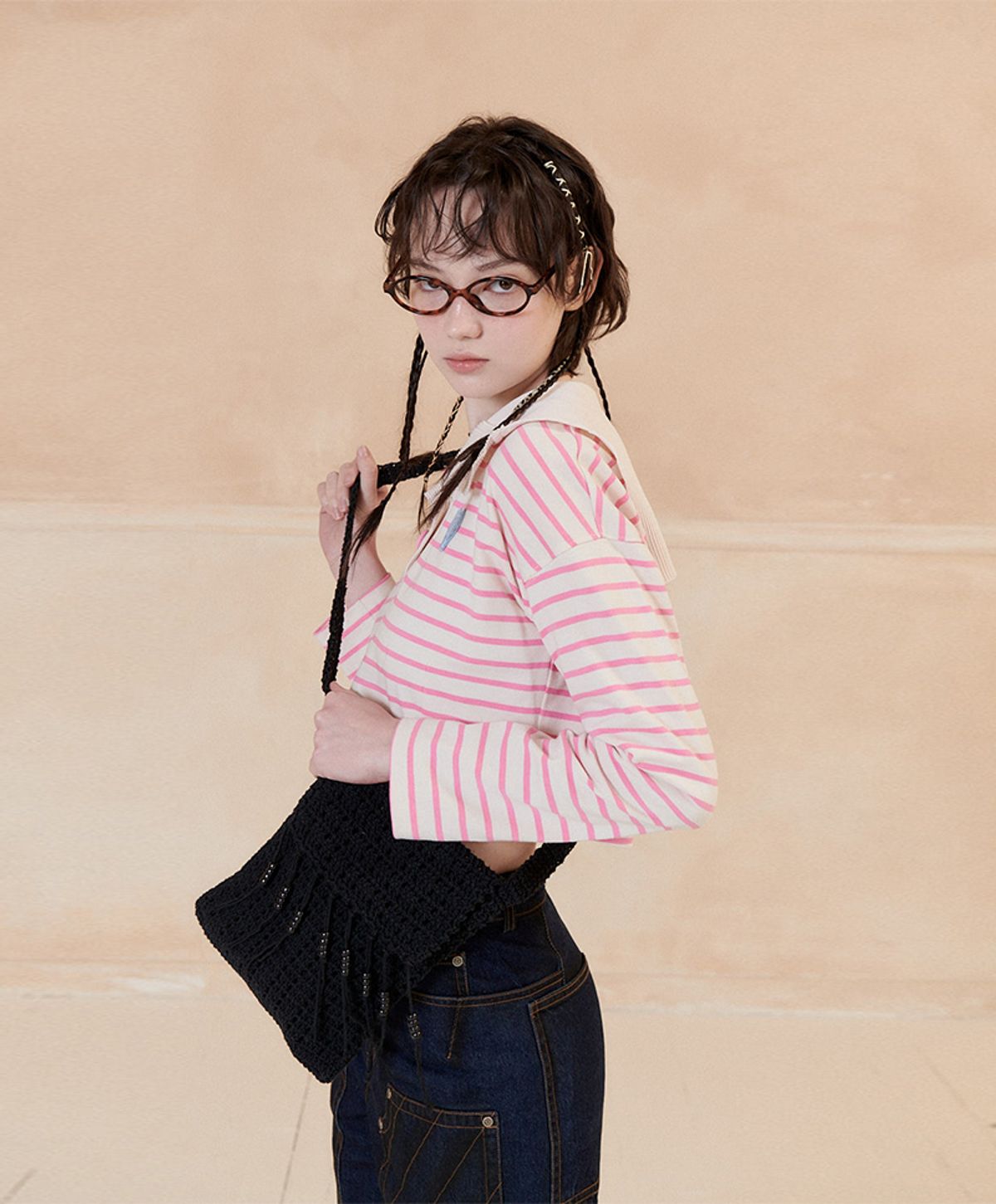누크피터(NUUKFITTER) MARINE CROP BUTTON T-SHIRT_WOMEN [PINK]