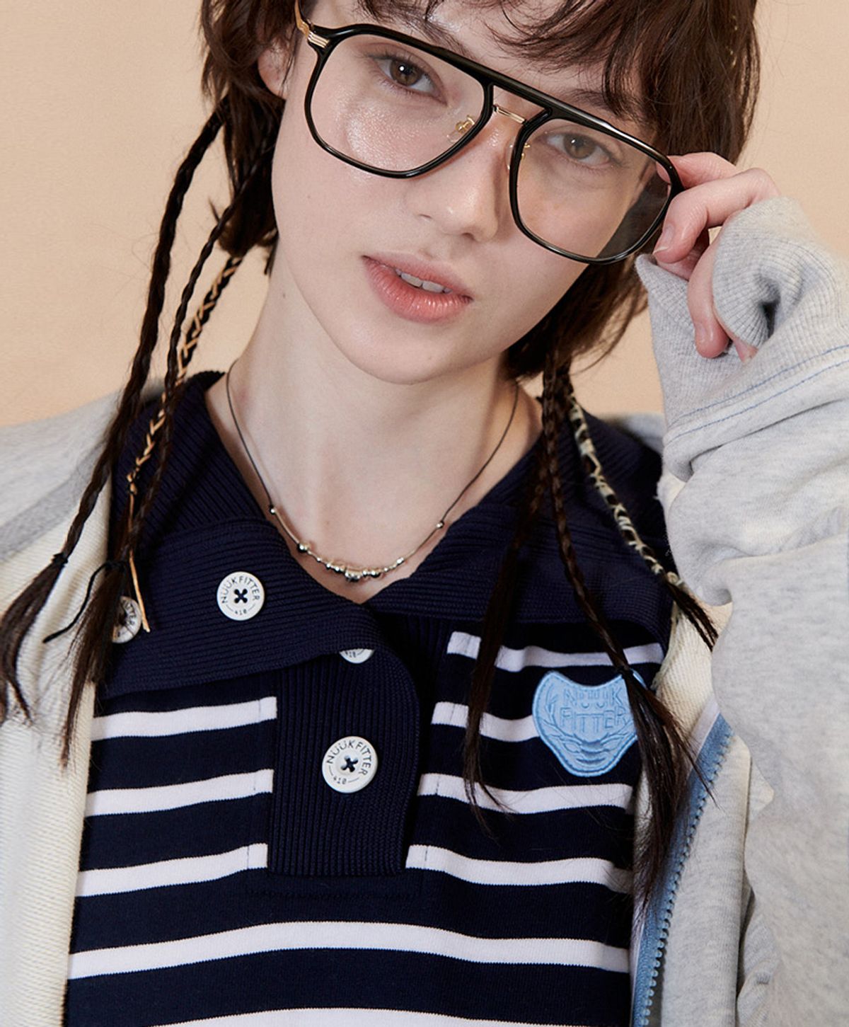 누크피터(NUUKFITTER) MARINE CROP BUTTON T-SHIRT_WOMEN [NAVY]