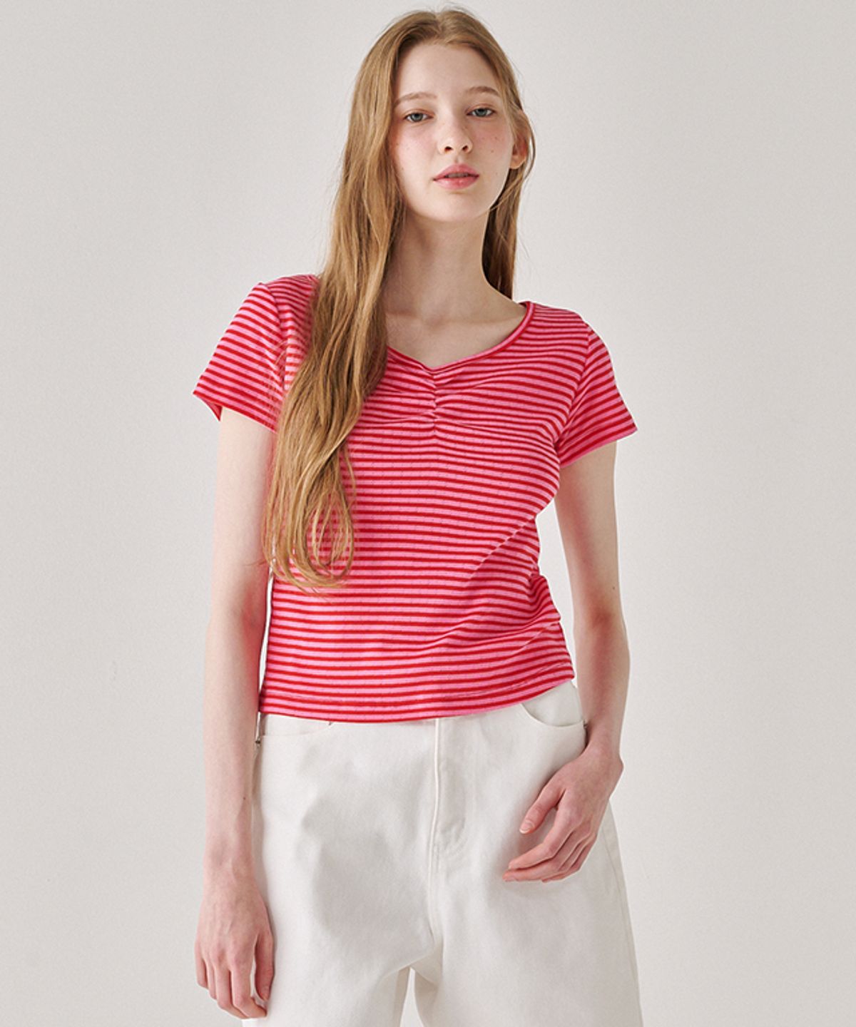 론론(RONRON) EYELET SHIRRING STRIPE T SHIRT RED PINK