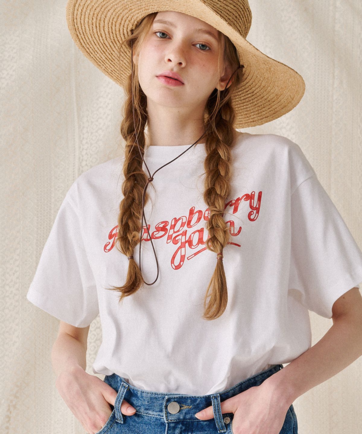 론론(RONRON) GINGHAM RASPBERRY JAM BASIC FIT T SHIRT WHITE