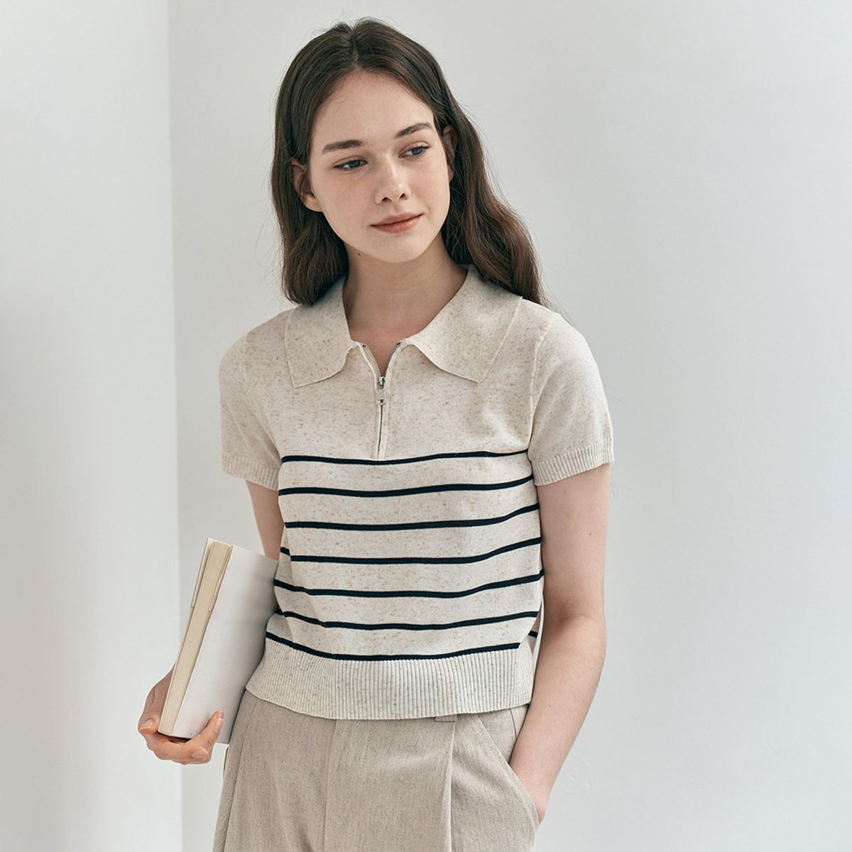 웬스데이딜라잇(WEDNESDAY DELIGHT) WD_Half zip-up striped knit top