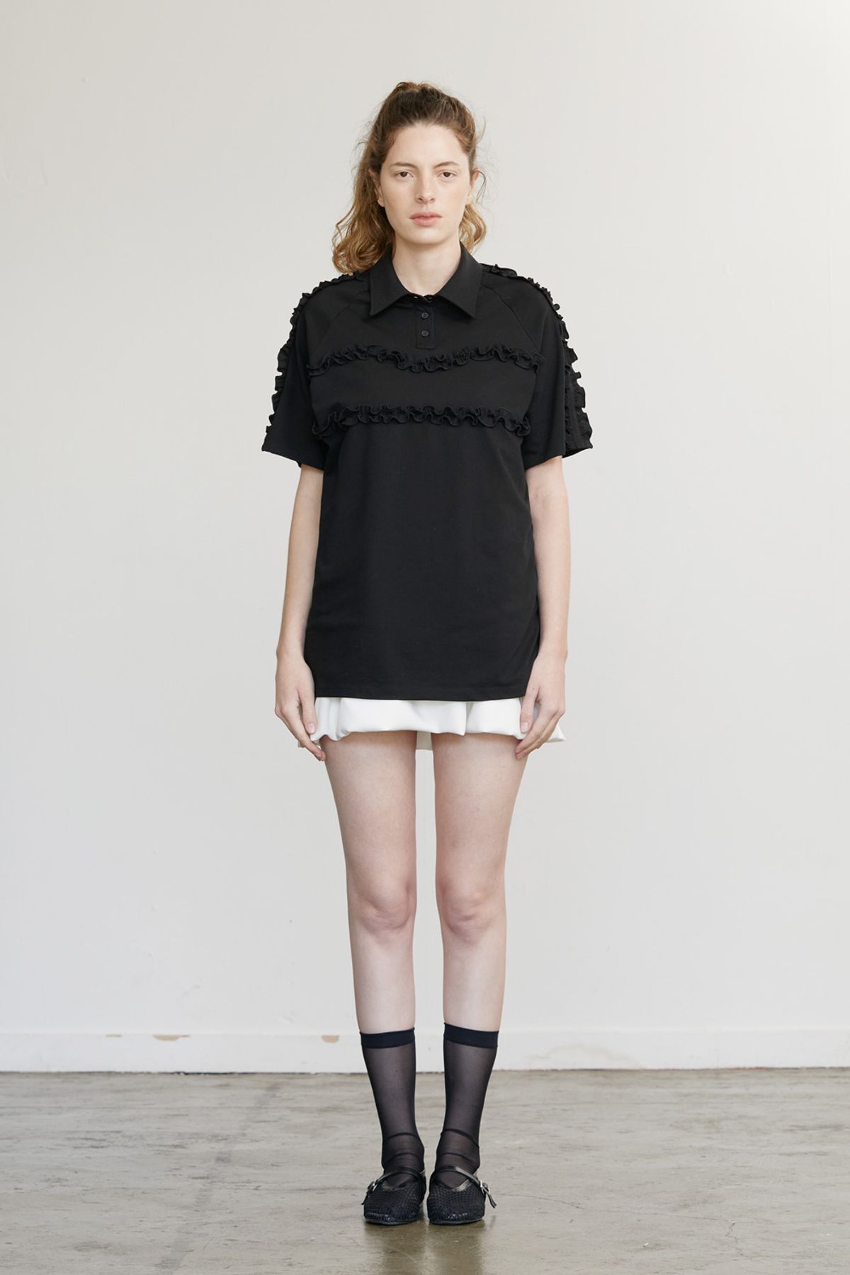 애프터아워즈(AFTERHOURS) RUFFLE PIQUE SHIRT (BLACK)