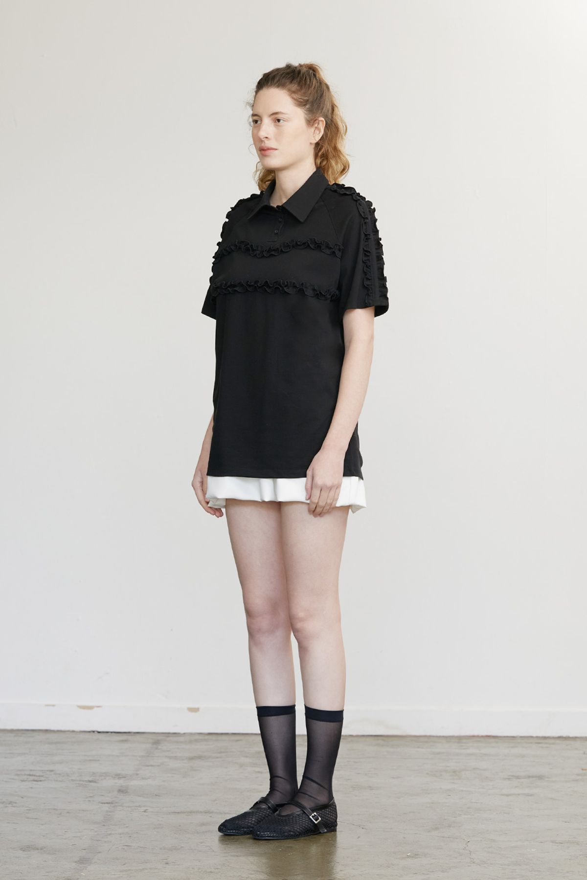 애프터아워즈(AFTERHOURS) RUFFLE PIQUE SHIRT (BLACK)