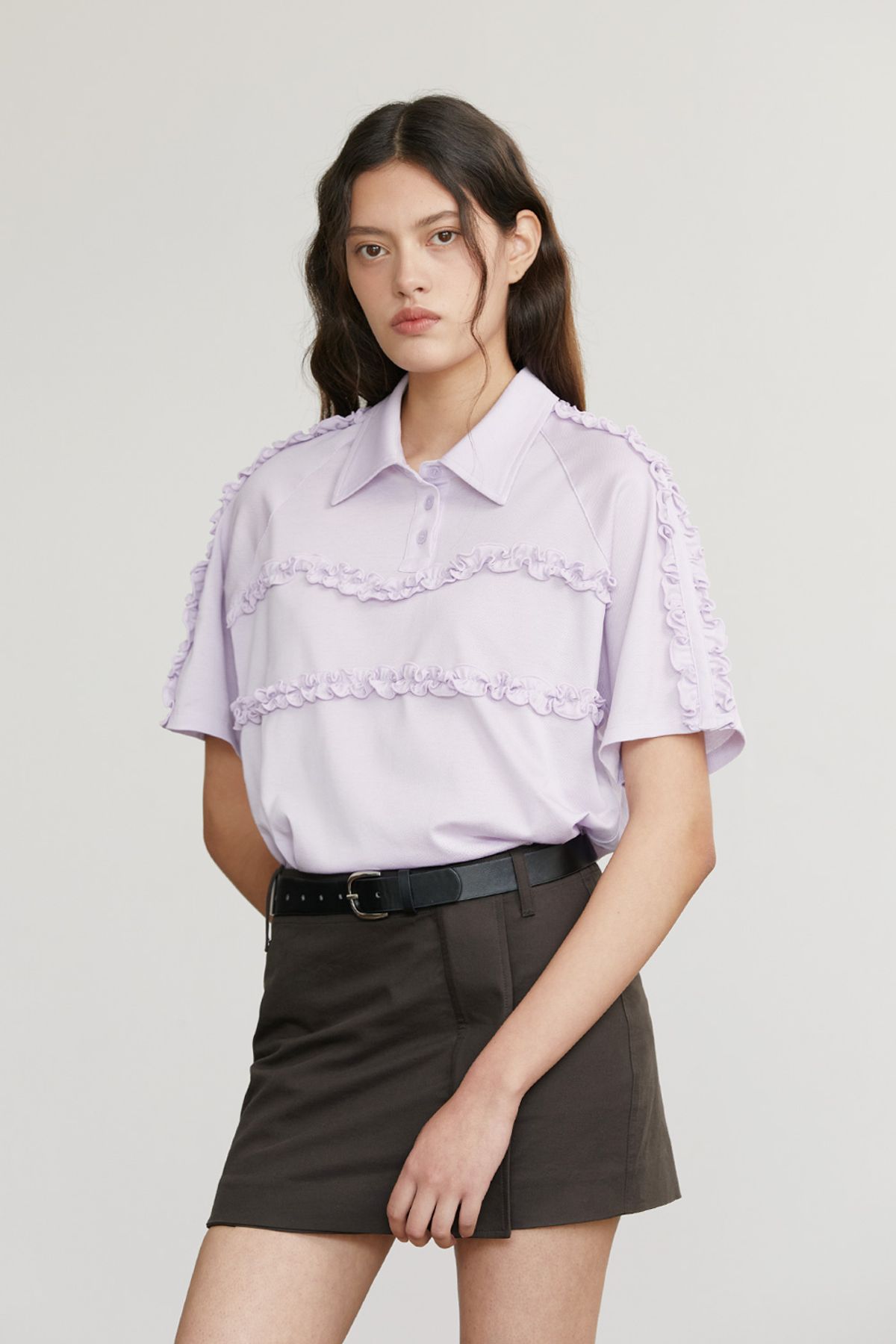 애프터아워즈(AFTERHOURS) RUFFLE PIQUE SHIRT (LAVENDER)