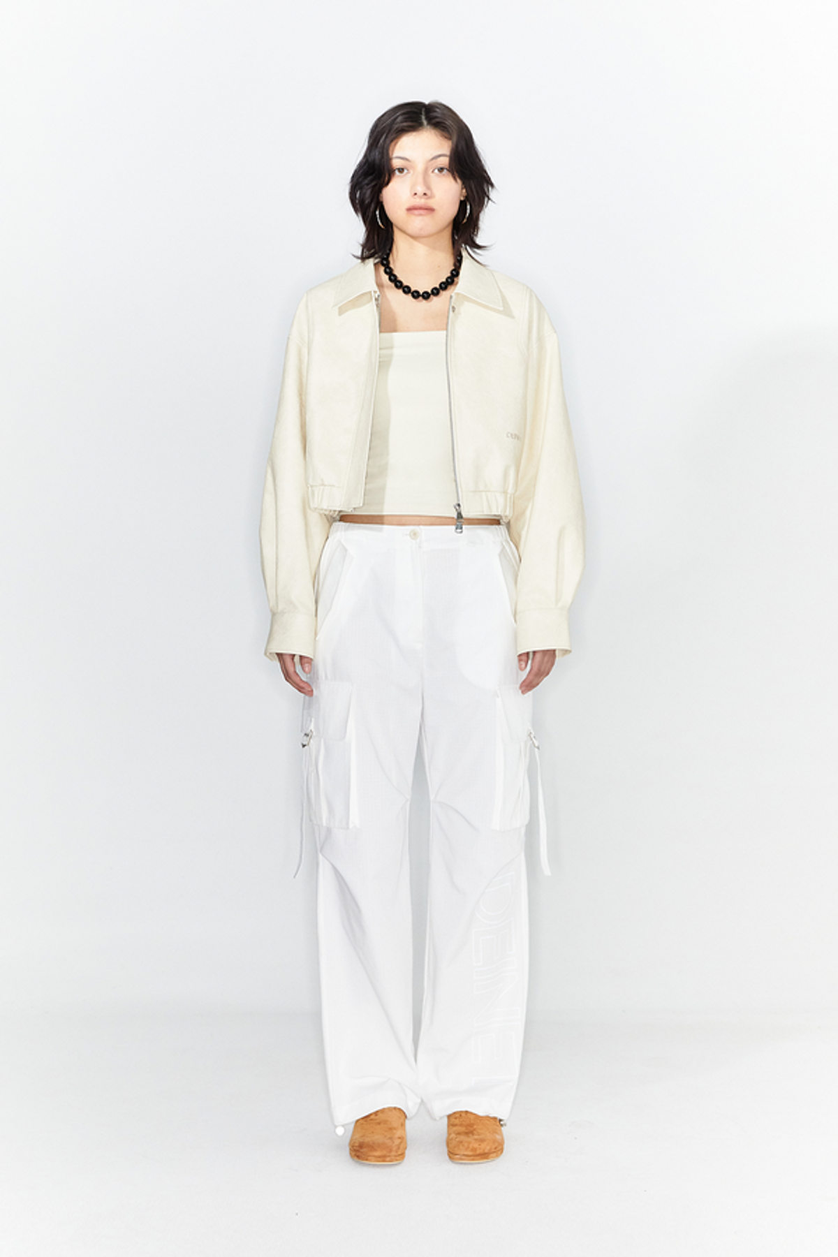 다이닛(DEINET) FAUX-LEATHER BOMBER BANDED JUMPER IN CREAM