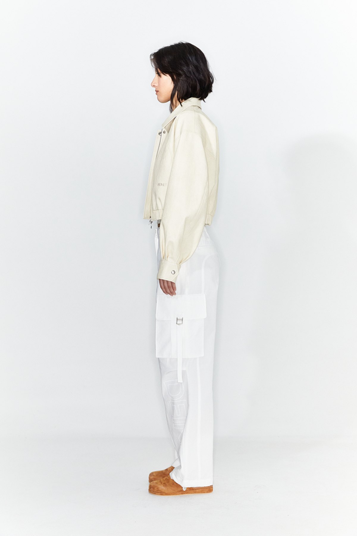 다이닛(DEINET) FAUX-LEATHER BOMBER BANDED JUMPER IN CREAM