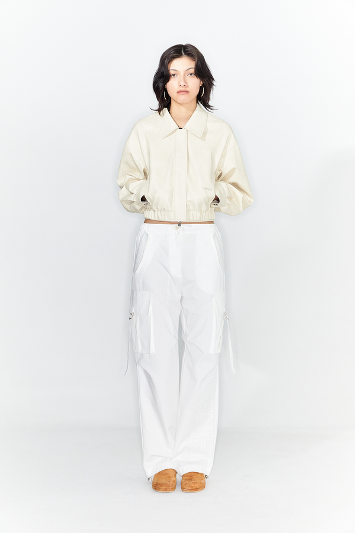 다이닛(DEINET) FAUX-LEATHER BOMBER BANDED JUMPER IN CREAM