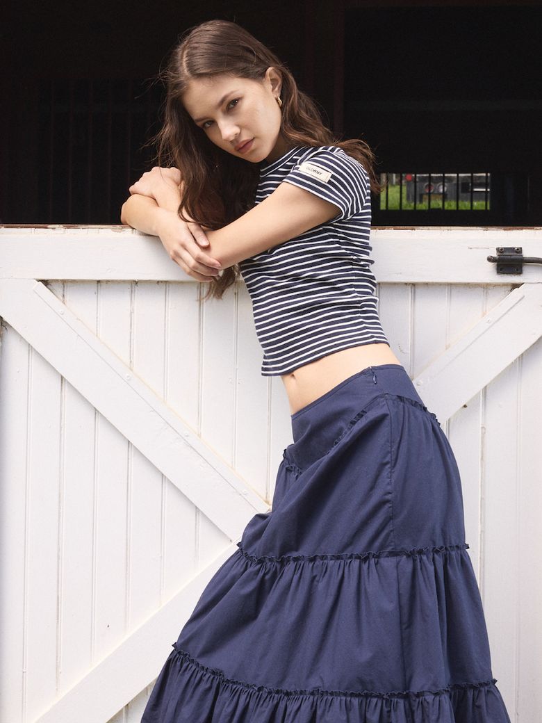 MUSINSA | GLOWNY RODEO TIERED RUFFLE SKIRT (NAVY)