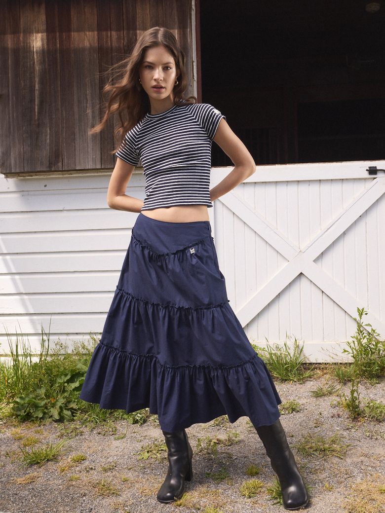 MUSINSA | GLOWNY RODEO TIERED RUFFLE SKIRT (NAVY)