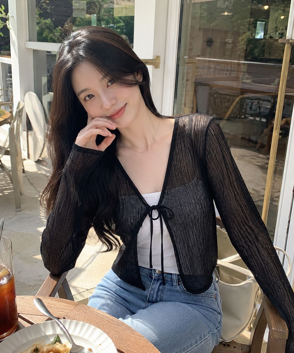 콜릿(KOLEAT) 시스루 쿨링 여름 리본 끈 스트랩 가디건 [블랙] KGL.