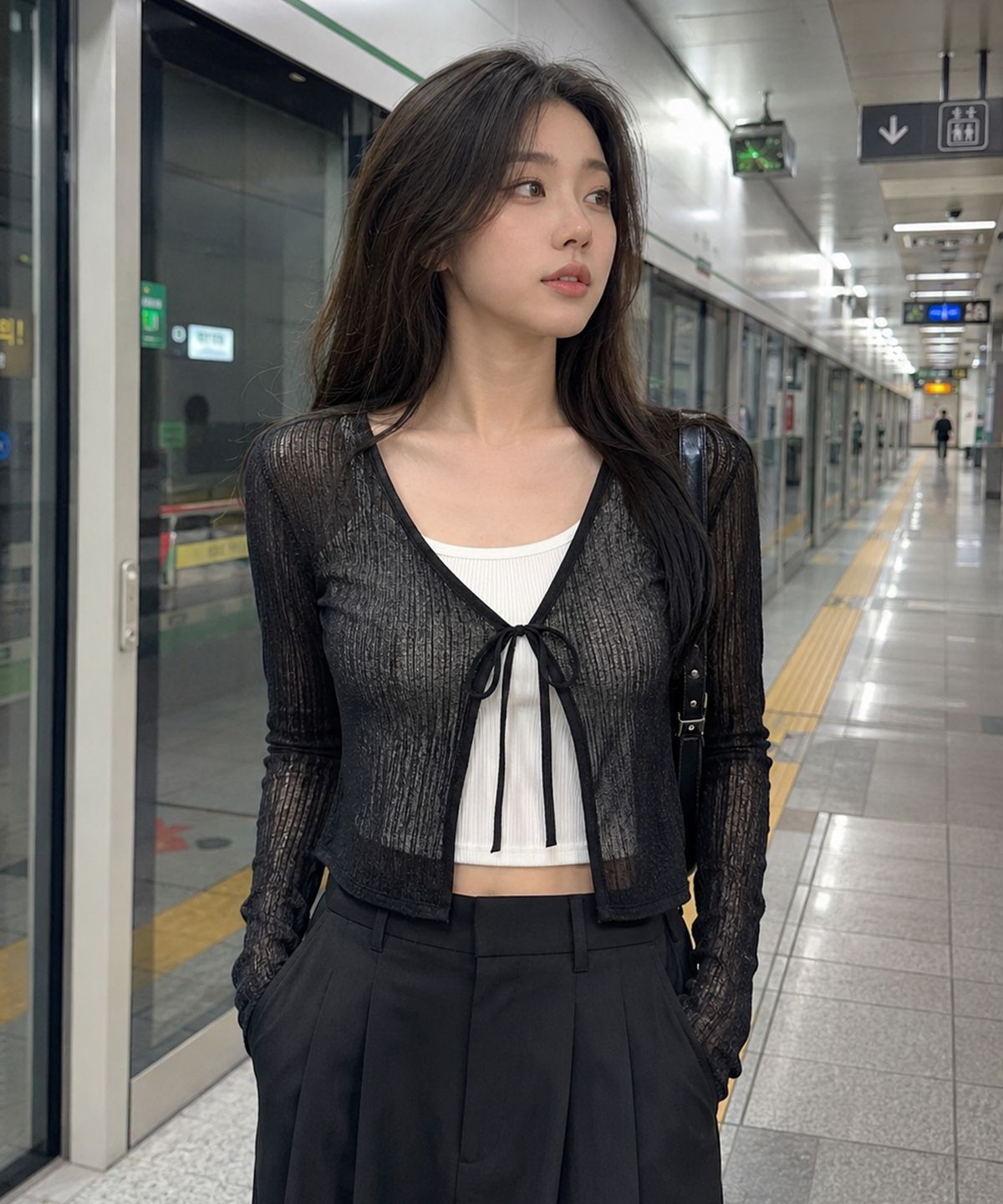 콜릿(KOLEAT) 시스루 쿨링 여름 리본 끈 스트랩 가디건 [블랙] KGL.