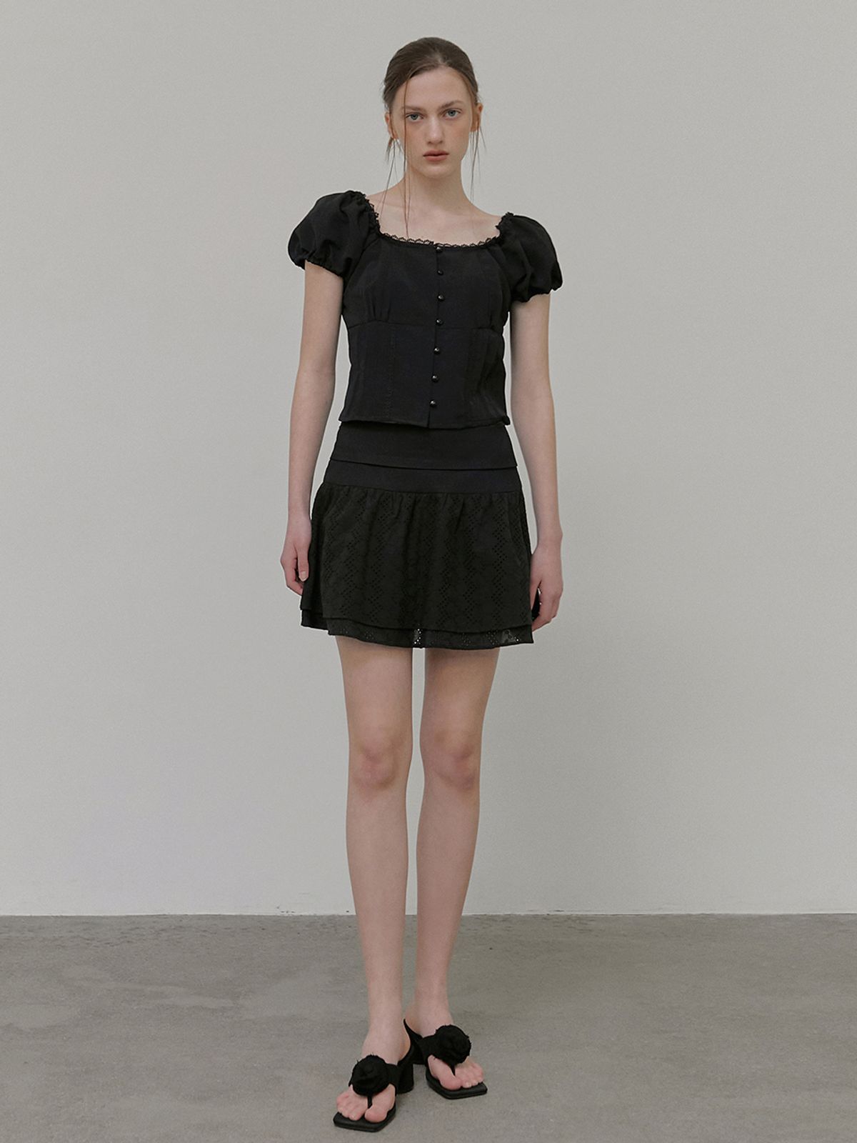 에트몽(ETMON) Lace Pintuck Blouse, Black