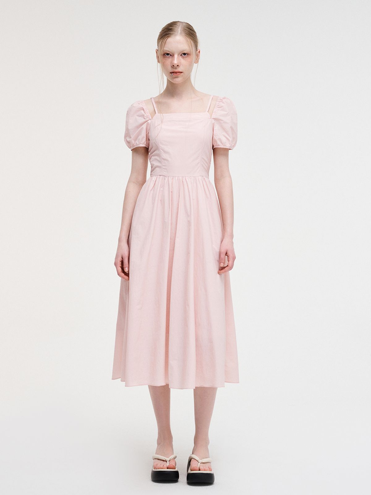 에트몽(ETMON) Strap Slit Off Shoulder Dress, Pink