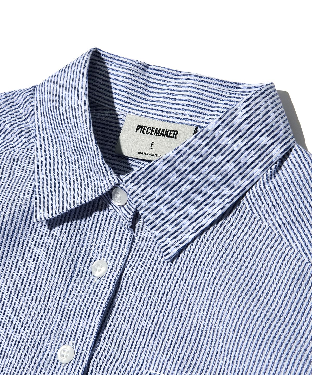피스메이커(PIECE MAKER) SEERSUCKER POCKET CROP STRIPE SHIRTS (NAVY BLUE)