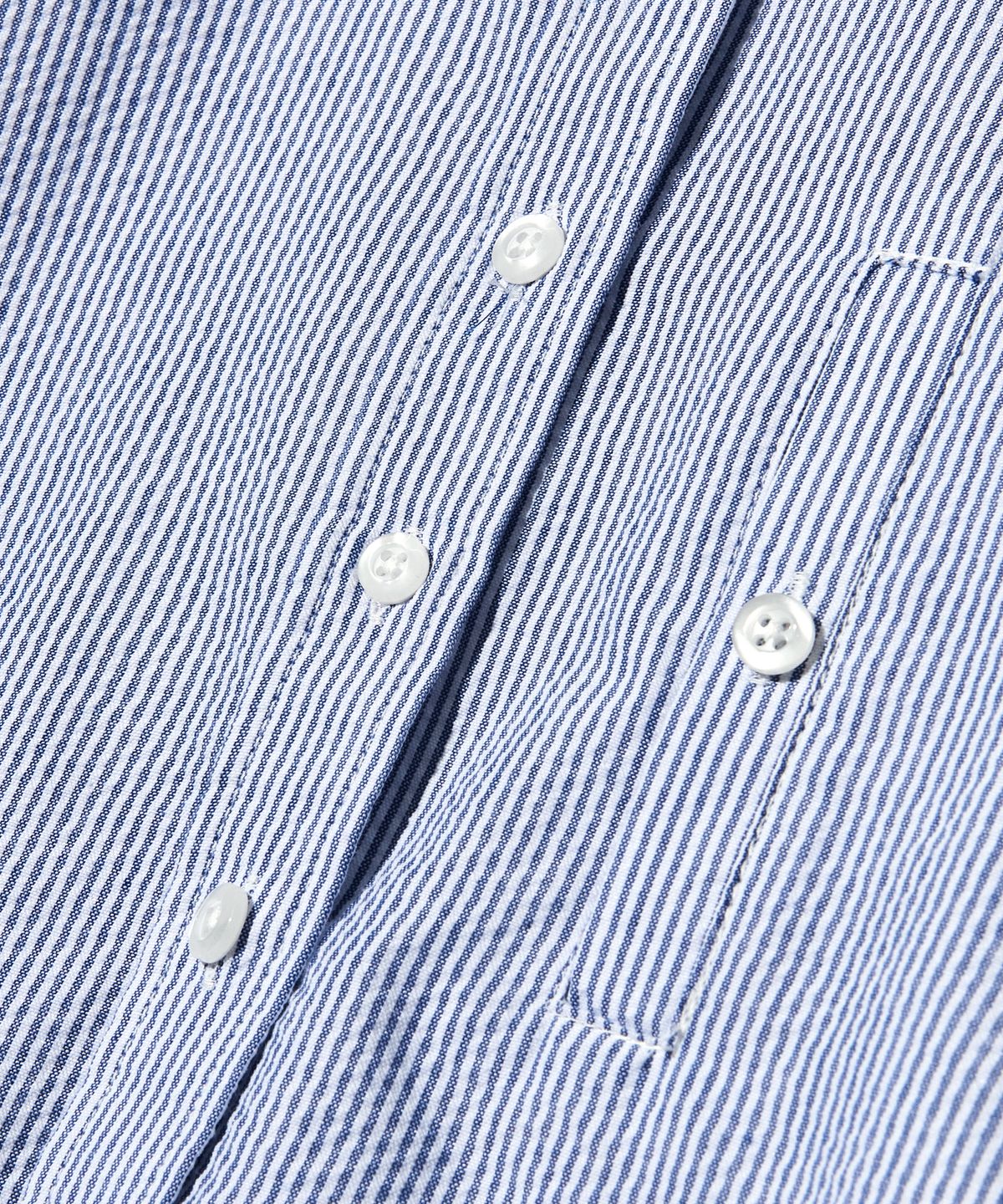 피스메이커(PIECE MAKER) SEERSUCKER POCKET CROP STRIPE SHIRTS (NAVY BLUE)