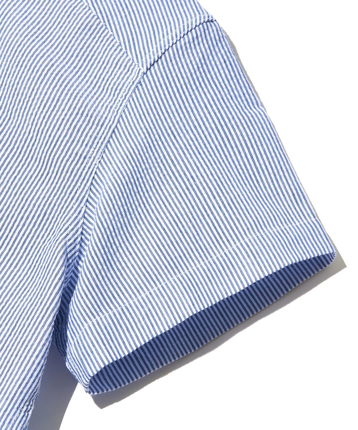 피스메이커(PIECE MAKER) SEERSUCKER POCKET CROP STRIPE SHIRTS (NAVY BLUE)