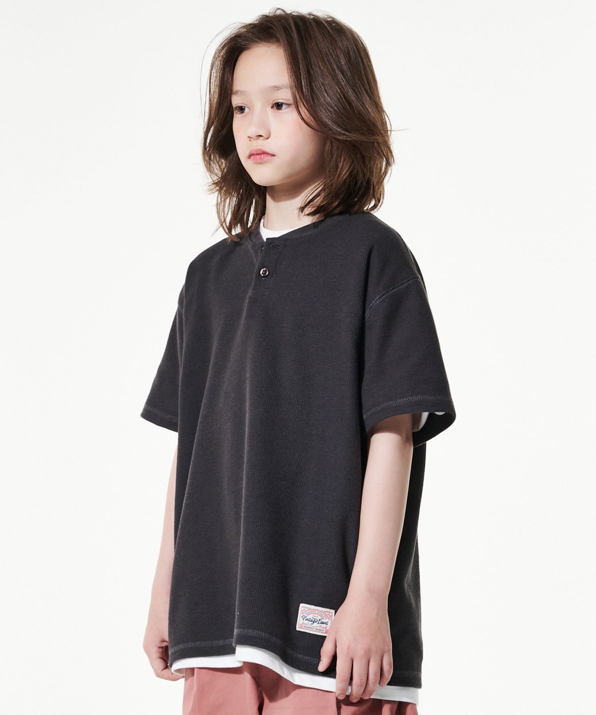 테이크이지 키즈(TAKEASY KIDS) 와플 헨리넥 티셔츠(다크그레이)