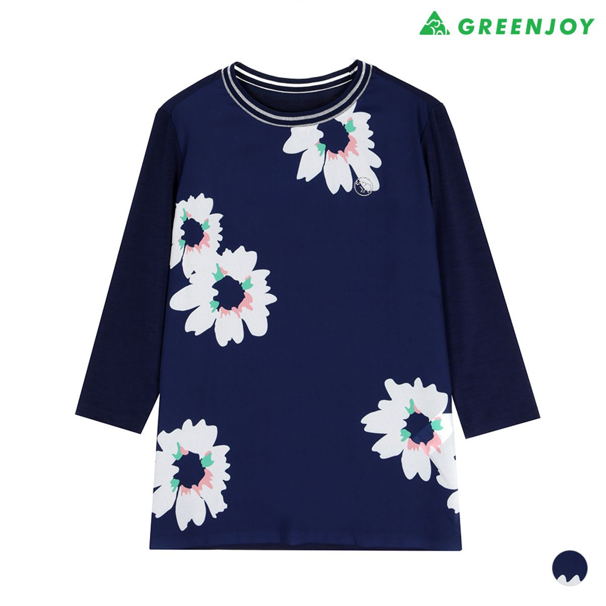 그린조이(GREENJOY) 여성 플라워 프린트 7부 라운드 티셔츠