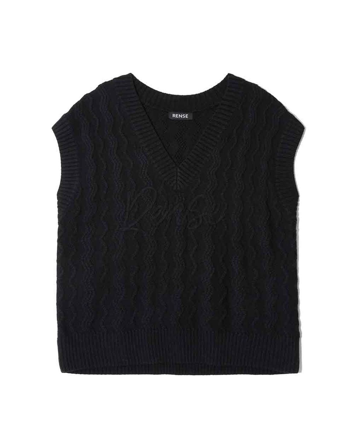 렌세(RENSE) Lettering Cable Over Knit Vest Black