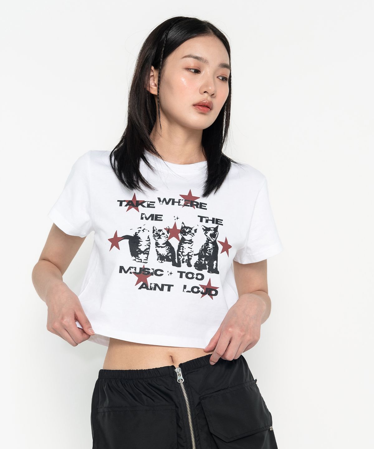 하이스쿨디스코(HIGH SCHOOL DISCO) 캣 스타 그래픽 크롭티 화이트
