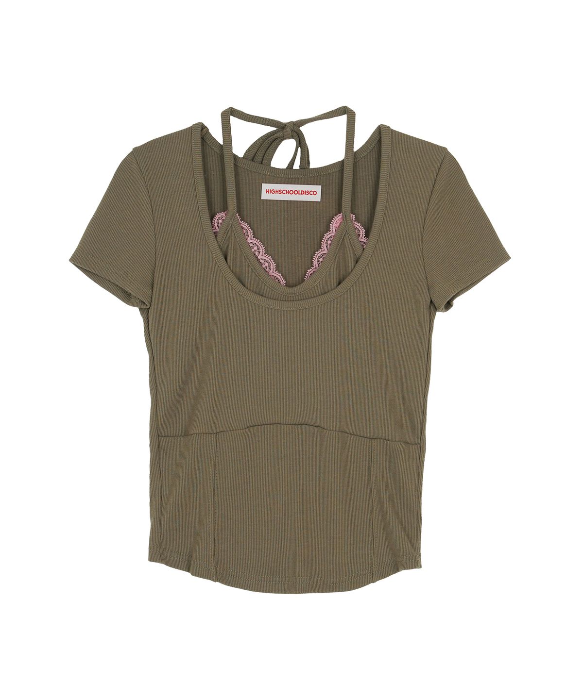 하이스쿨디스코(HIGH SCHOOL DISCO) 레이스 홀터넥 숏슬리브 티셔츠 카키