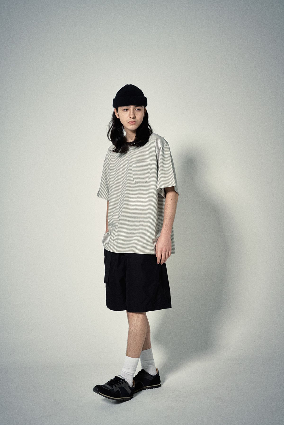 히즈핸더(HISHANDER) ROUND POCKET STRIPE T-SHIRTS [Black]