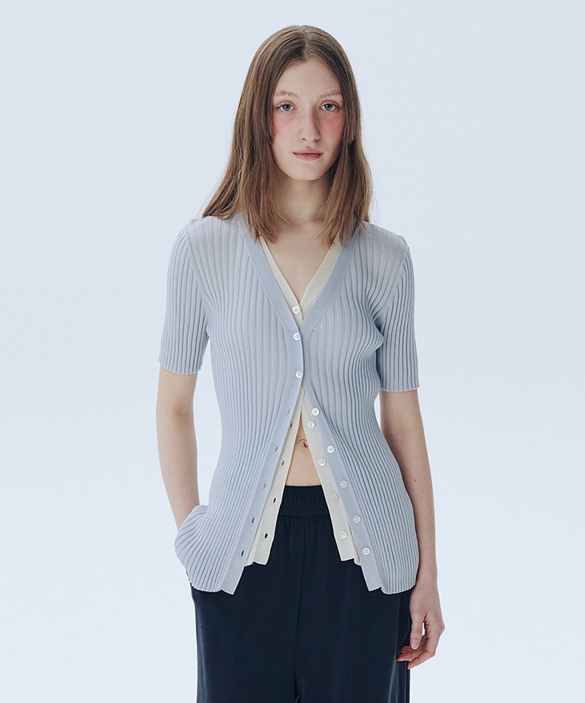 아위(AHWE) Layered V-Neck Cardigan_LIGHT BLUE