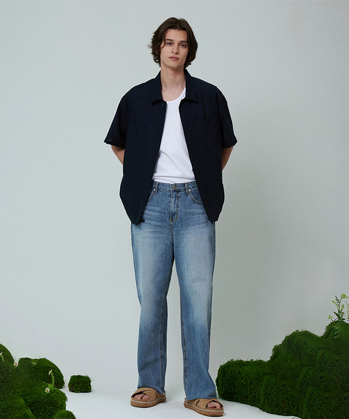핀블랙(PINBLACK) (MEN) 릴렉스핏 워시드 데님 팬츠