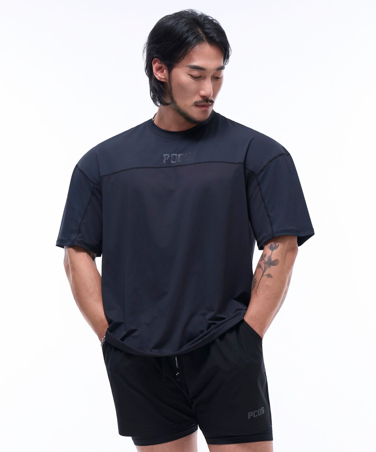피지컬가먼츠(PHYSICAL GARMENTS) P2407 메쉬배색 기능성 오버핏반팔 [블랙]