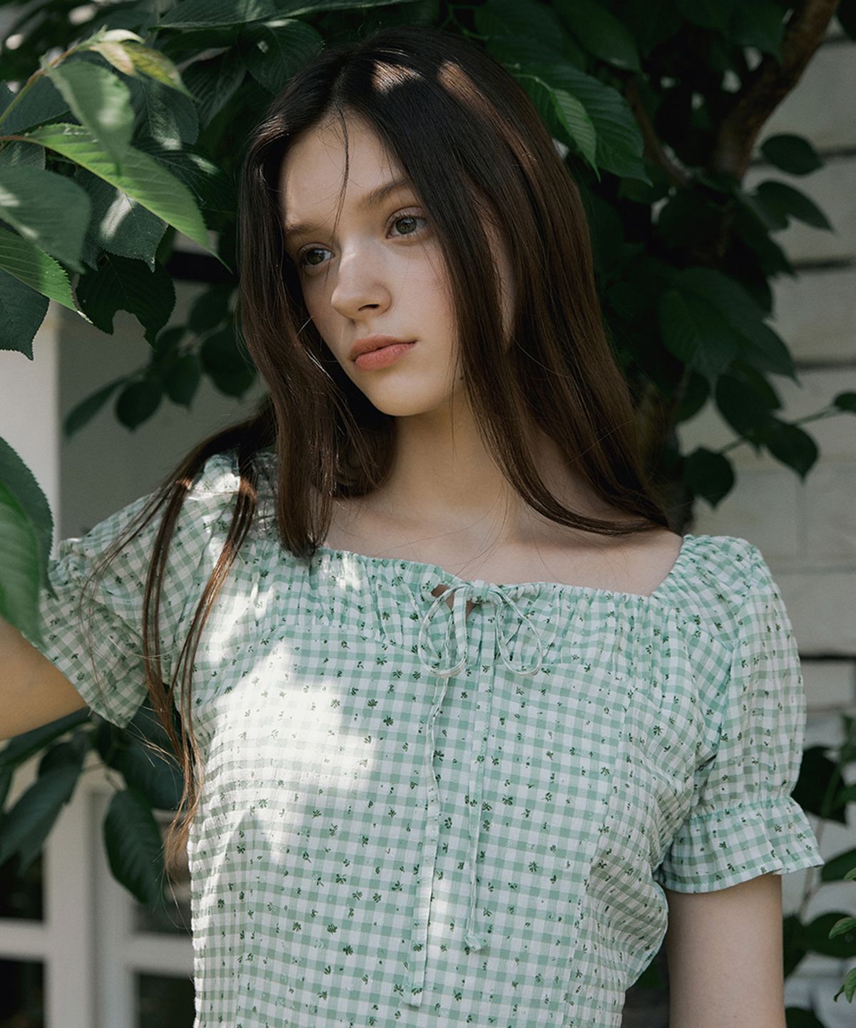 리올그(REORG) FRA RIBBON SQUARE NECK PUFF MINI OPS LIGHT GREEN