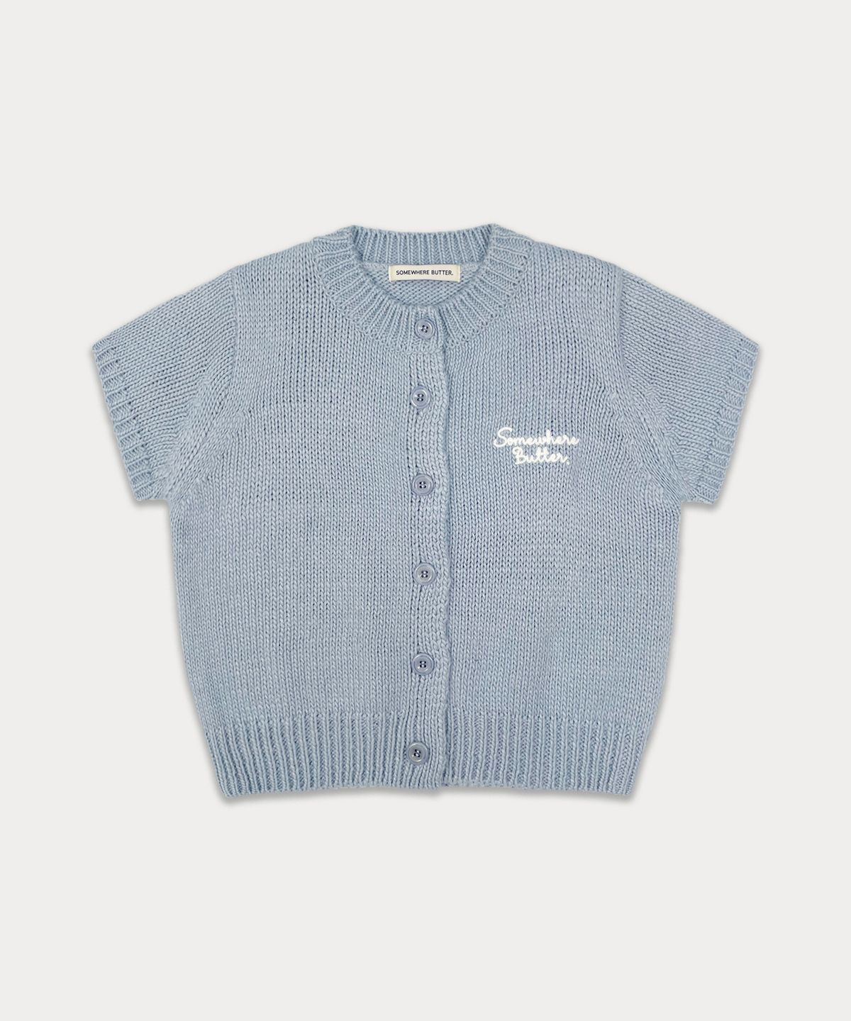 썸웨어버터(SOMEWHEREBUTTER) Letter Half Cardigan - Light Blue