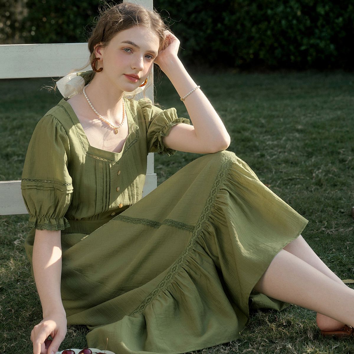 심플레트로(SIMPLE RETRO) SR_Hyde lace square neck dress_GREEN